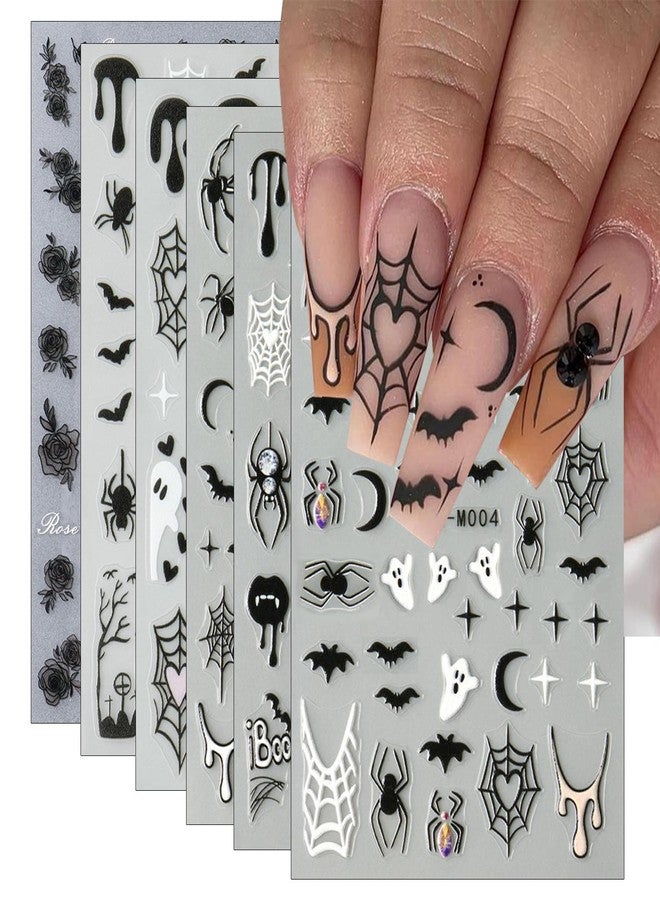 OSTTMA 6Pcs Halloween Nail Stickers for Nail Art, Bat Spiders Nail Art Stickers Spider Web Black Rose Skull Ghost Nails Design Decals Halloween Nail Supplies for Women DIY Manicure Decoration Accessories - Image 1